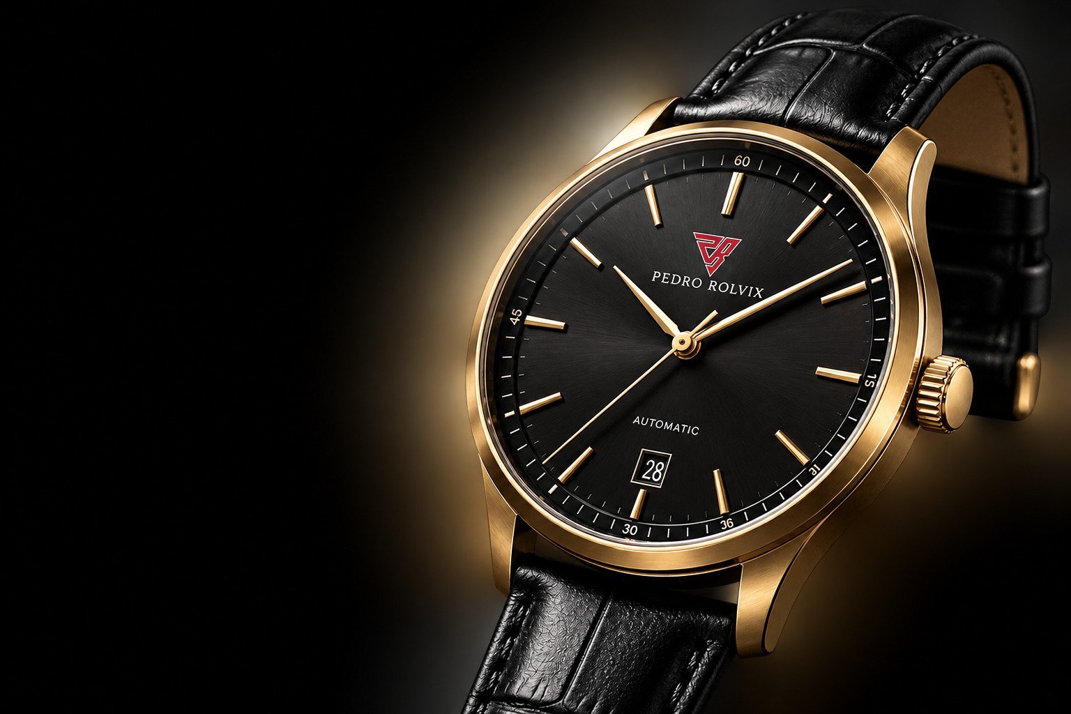 Pedro Rolvix automatic watch, gold case on a black leather strap