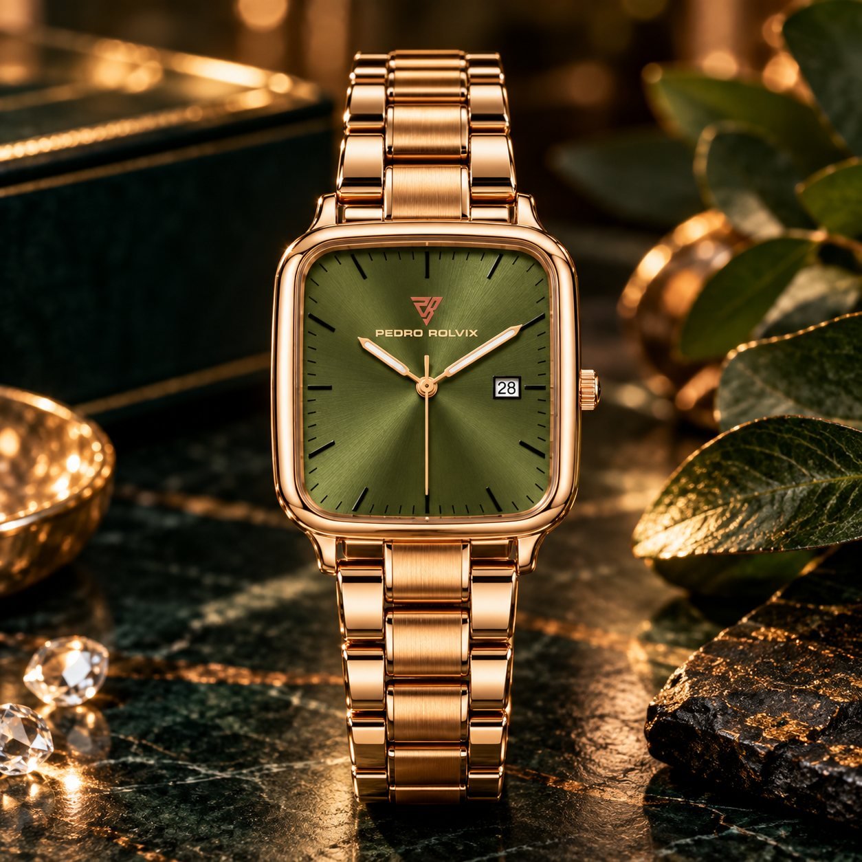 Emerald Rose - Square Date Watch